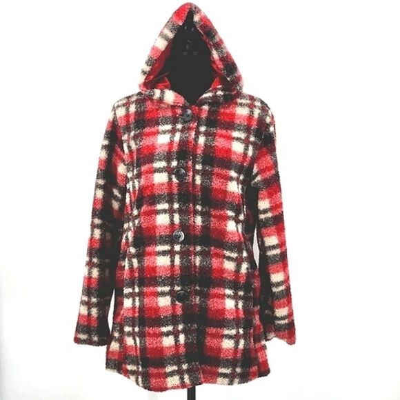 Big Chill Plaid Hooded Sherpa Teddy Pea Coat Womens Small Red Black & Beige Boho - Picture 1 of 14
